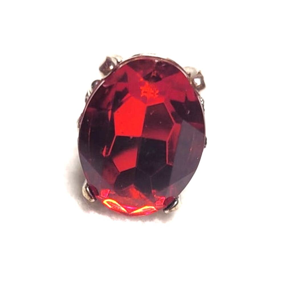 Vtg Style Toysmith Red Glass Adjustable Ring Oval Prong Set Filigree Silver Tone